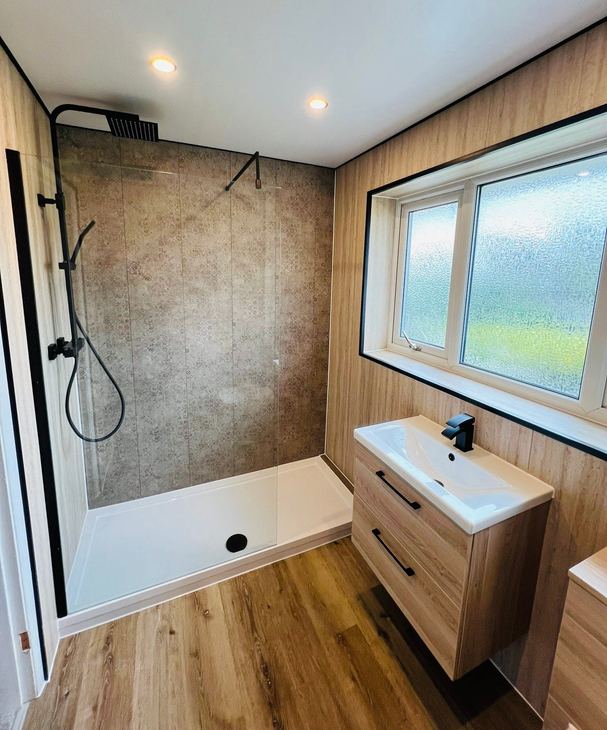 Transform Your Bathroom with Elegance: Mineral Quarried Beige and Damask Glited Bronze PVC Panels