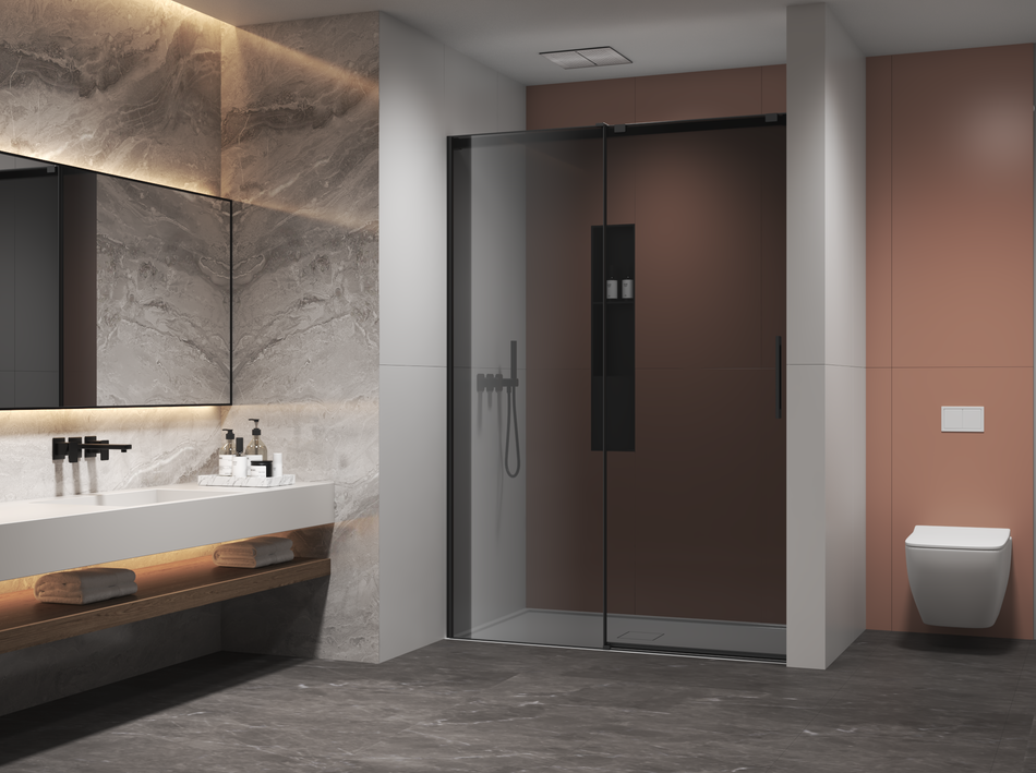 AQURA Front Sliding Shower Door – Grey Glass & Brushed Black Profile – Different Sizes Available