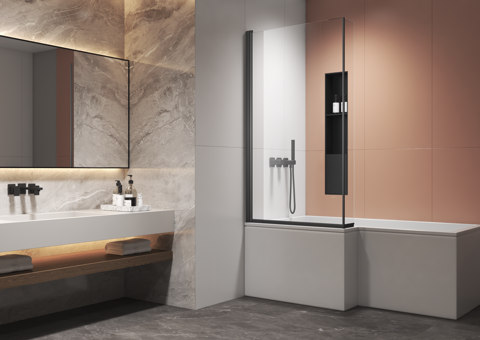 AQURA L-Shape Bath Screen – 805mm x 1400mm – Black
