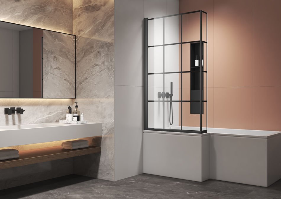 AQURA L-Shape Framed Bath Screen – 805mm x 1400mm – Black