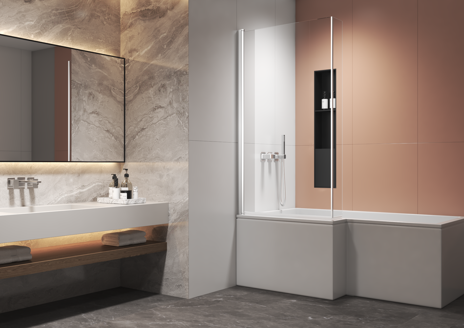 AQURA L-Shape Bath Screen – (150 + 805) x 1400mm – Chrome