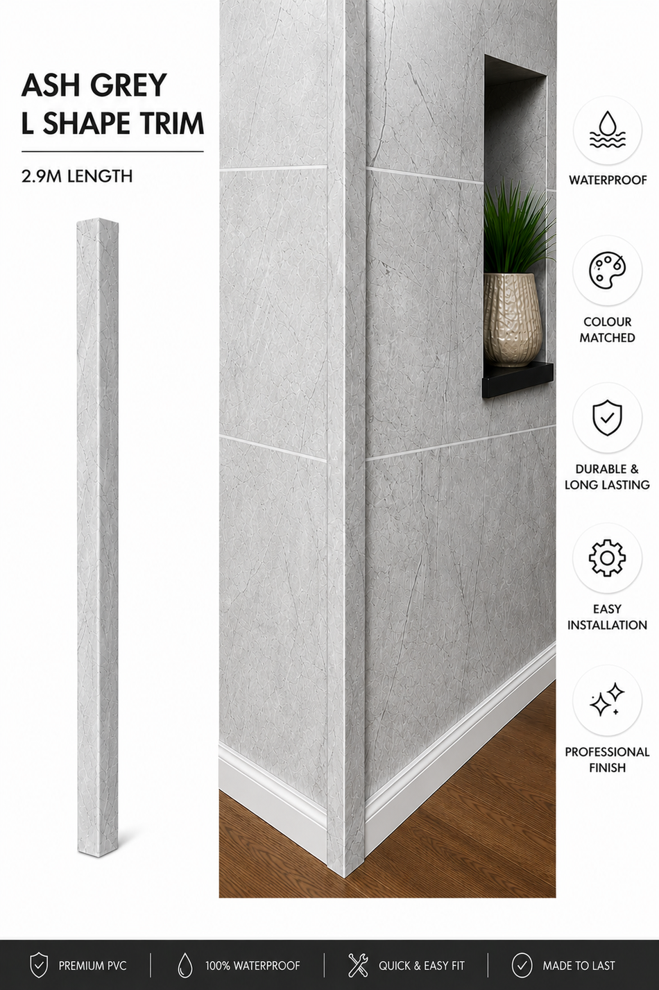 Ash Grey  L-Shape Trim – 25mm x 25mm x 2900mm