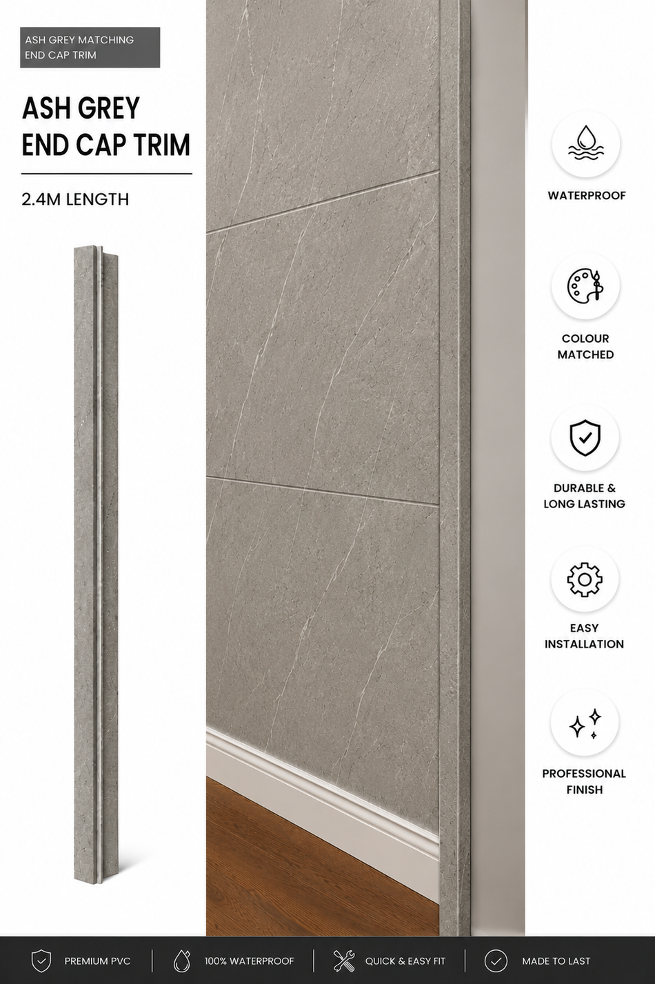 Ash Grey End Cap Trim for 10mm Wall Panels – 2400mm