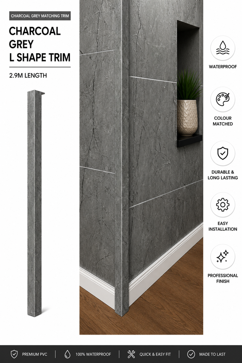 Charcoal Grey Tile Matt L-Shape Trim – 25mm x 25mm x 2900mm
