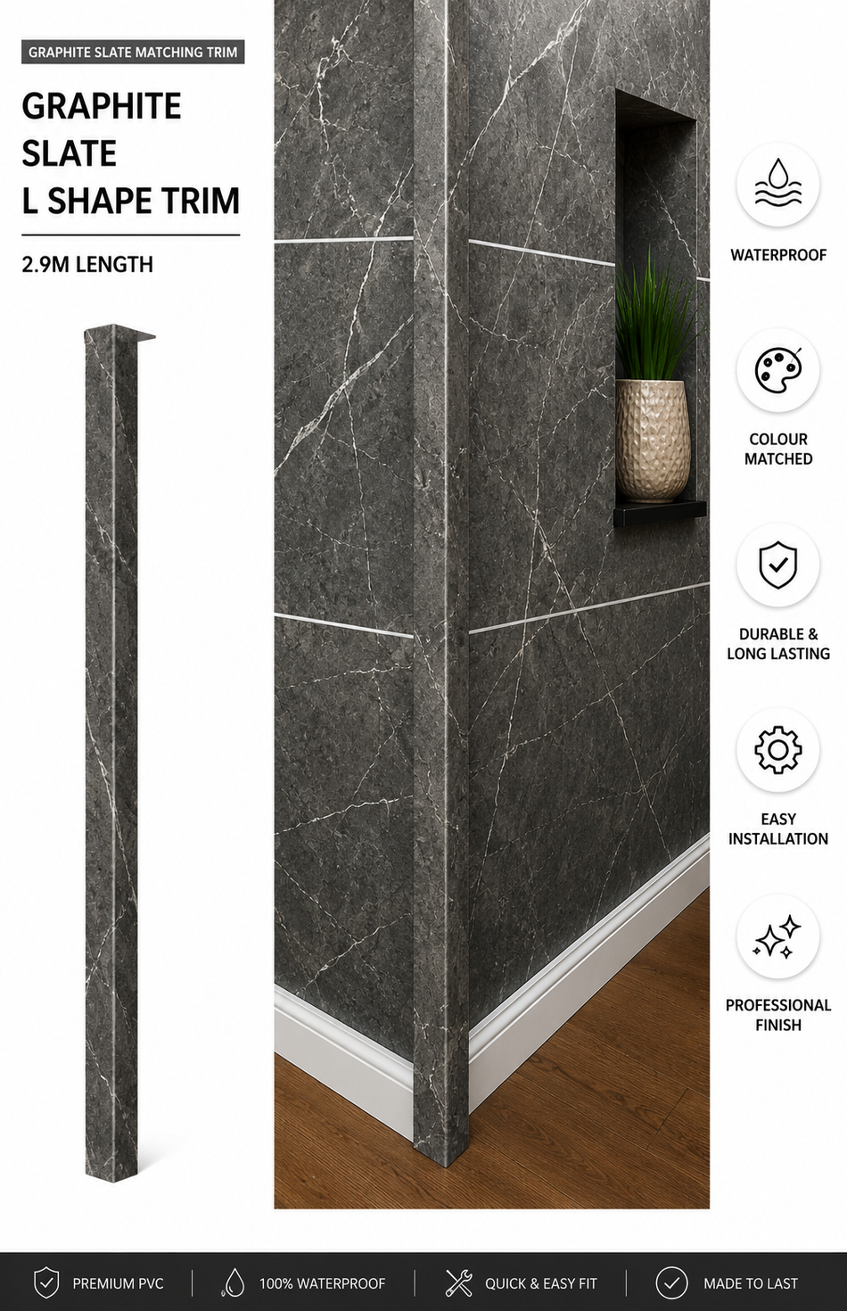 Graphite Slate End Cap Trim for 10mm Wall Panels – 2400mm