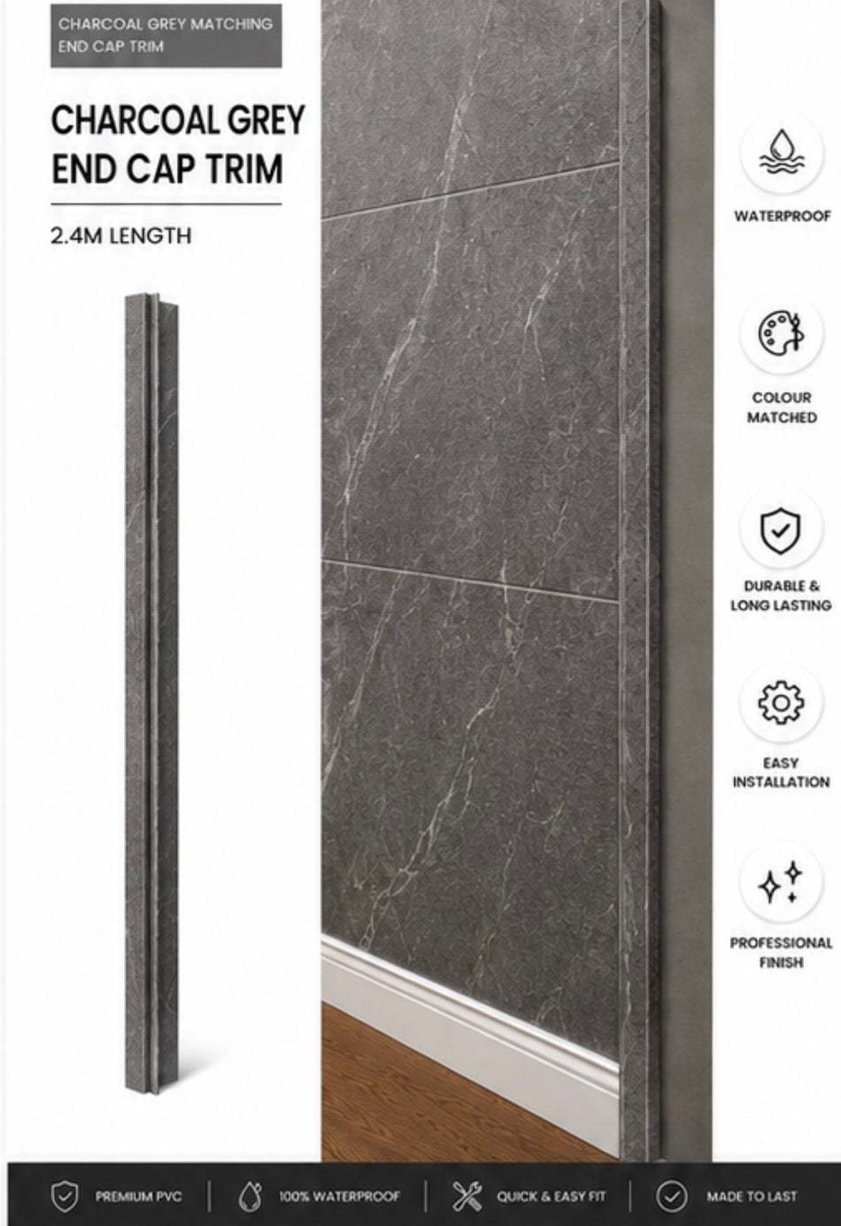 Charcoal Grey End Cap Trim for 10mm Wall Panels – 2400mm