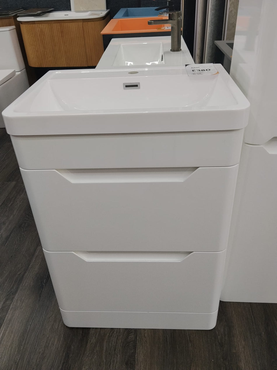 ALPINE 600mm Full PVC Curved Corner FS Two Drawer Gloss White With Sink
