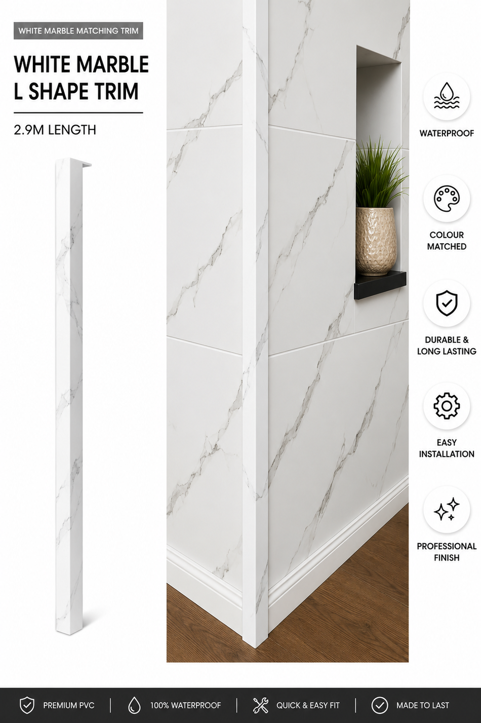 White Marble Matt L-Shape Trim 25x25x2900mm