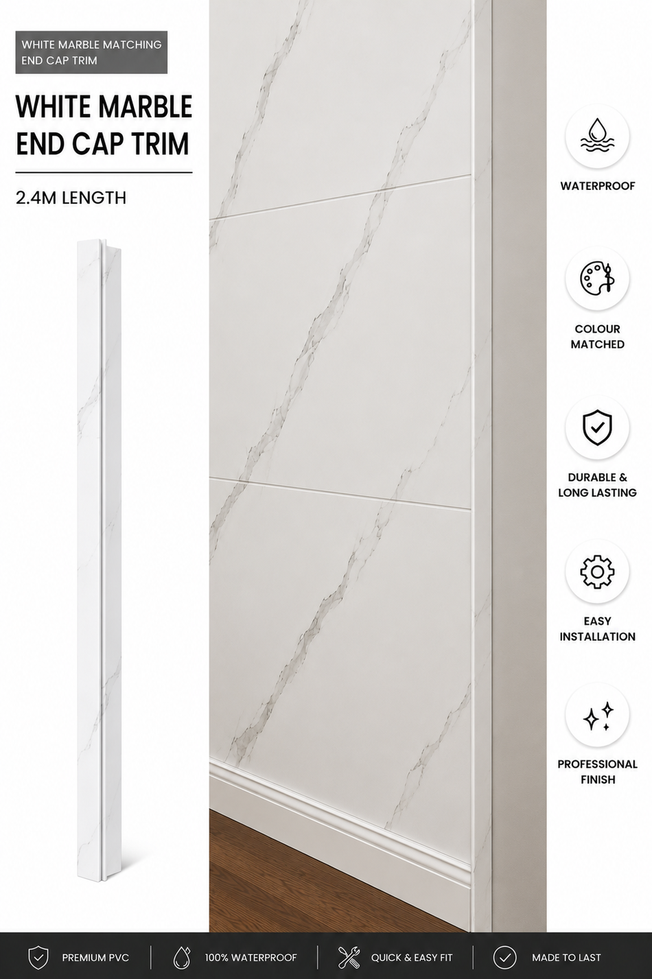 White Marble Matt End Cap Trim for 10mm Wall Panels – 2400mm