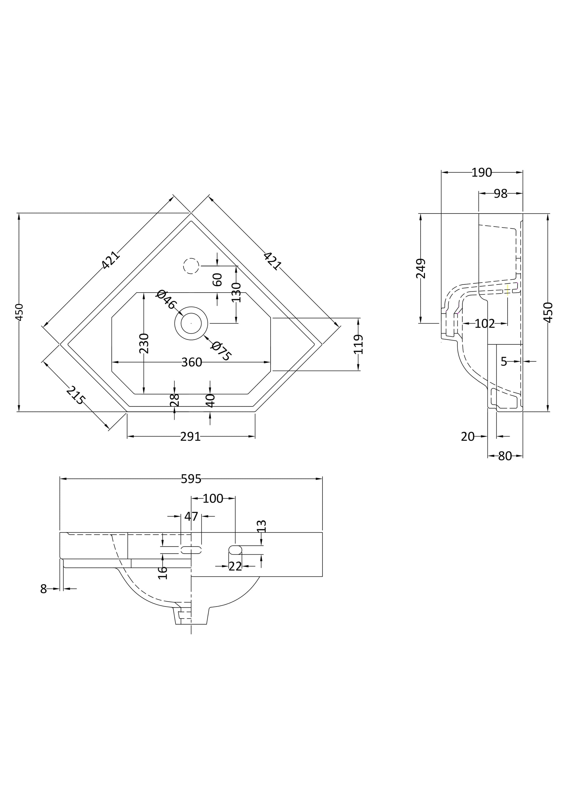 HR Richmond Corner Basin 421 x 421 x 595mm Mersey Bathrooms Ltd