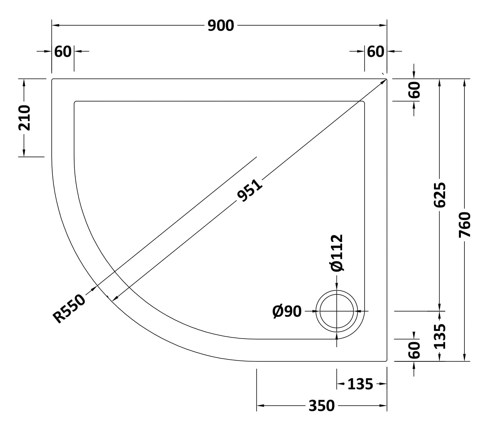 Slip Resistant Offset Slimline Quadrant Shower Tray Left Hand Mersey