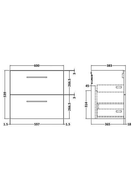 Arno 600mm Wall Hung 2-Drawer Unit - Mersey Bathrooms Ltd